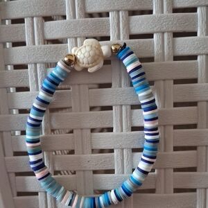 Blue and White Clay Beaded Bracelet with Turtle Charm